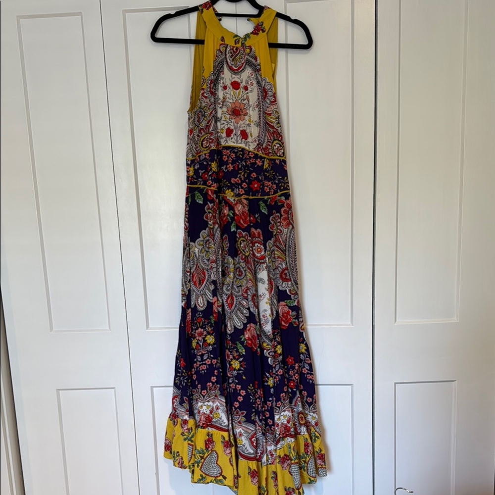 Anthropologie Blue and Yellow Halter Maxi Sundress